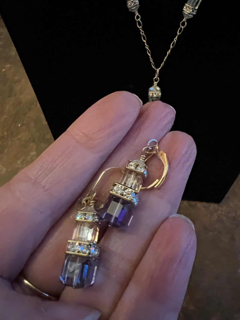 Gold-Tone SwarovskCrystal Drop Necklace and Earring Set - Iridescent Blue Accent